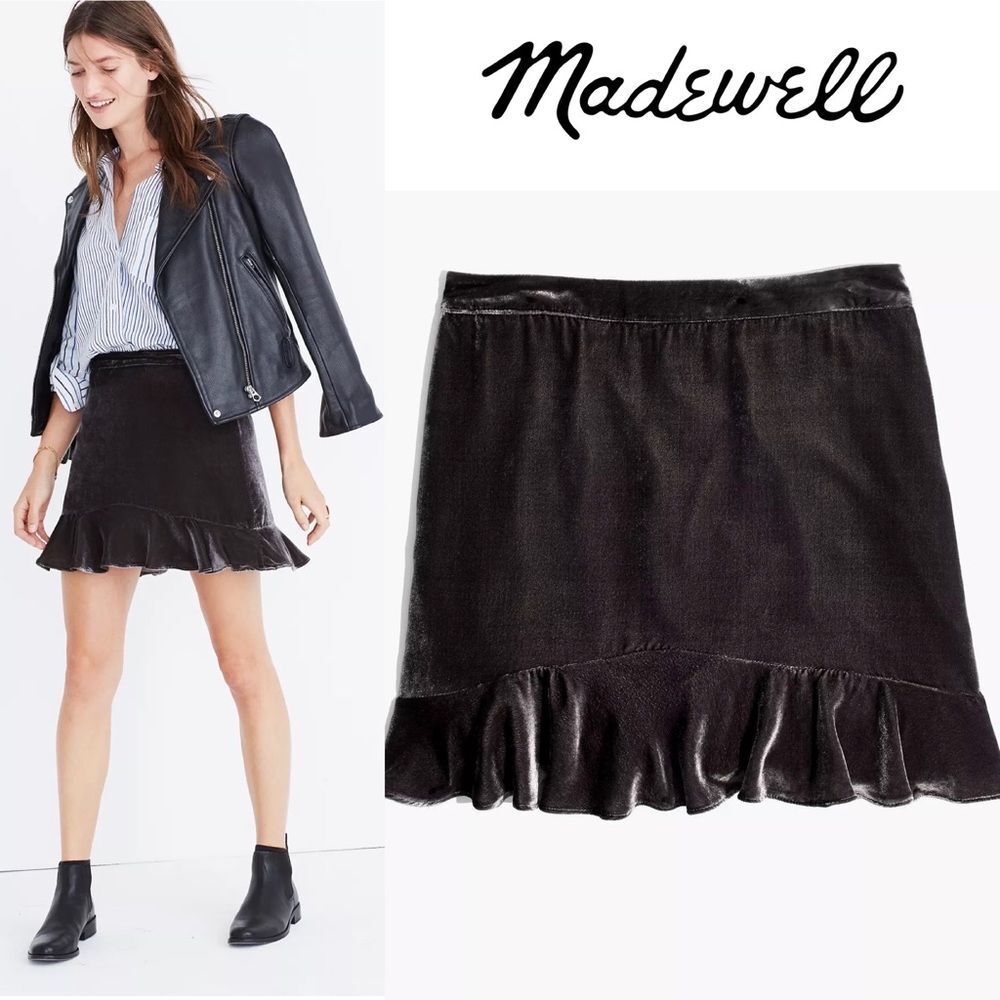 Madewell Crushed Velvet Ruffle-Edge Boho Mini Skirt Taupe Brown 0 - Picture 2 of 13